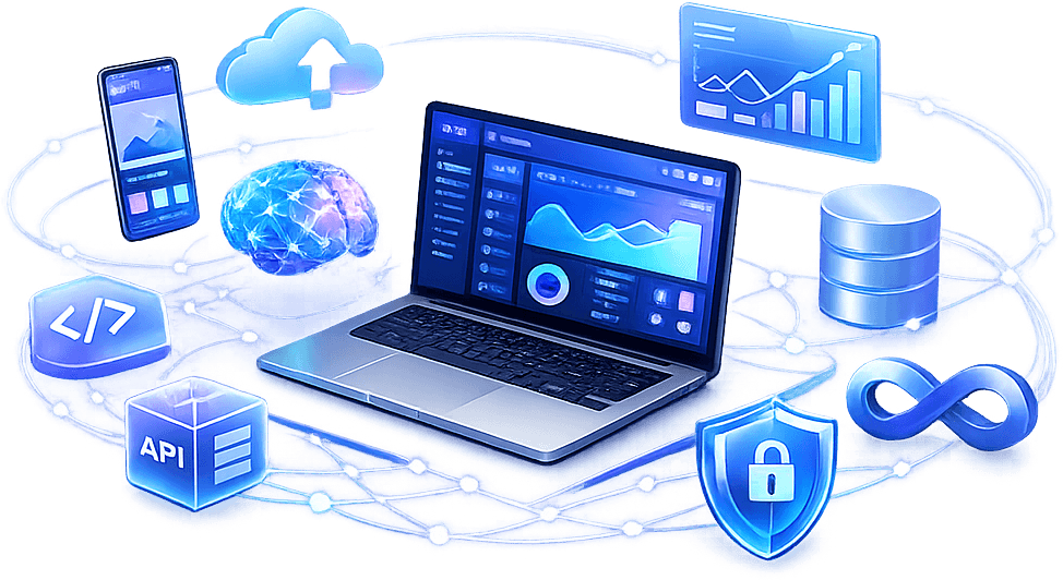 Laptop and phone surrounded by cloud, AI, API, database and security icons representing Swabhix software development services